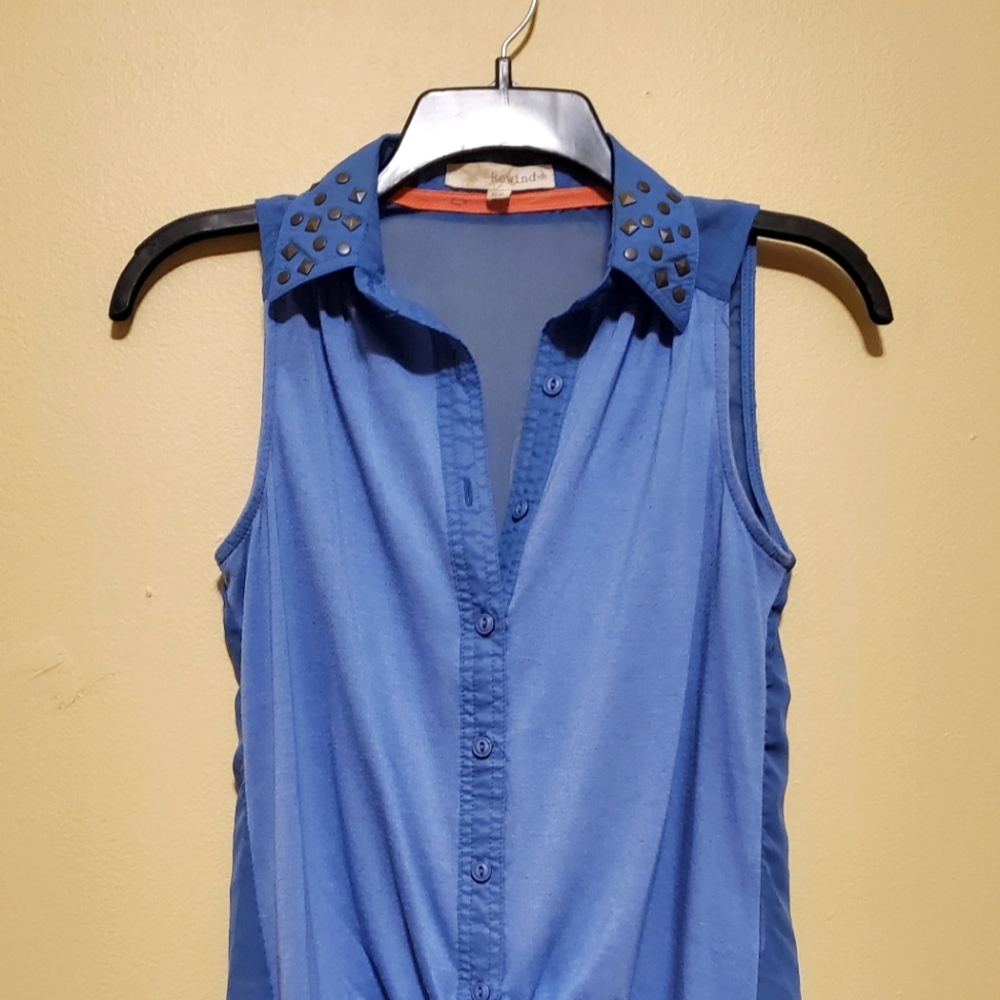 Rewind<< XS Blue Tie Bottom Sleeveless Shirt with Mesh Back, Embellished Collar